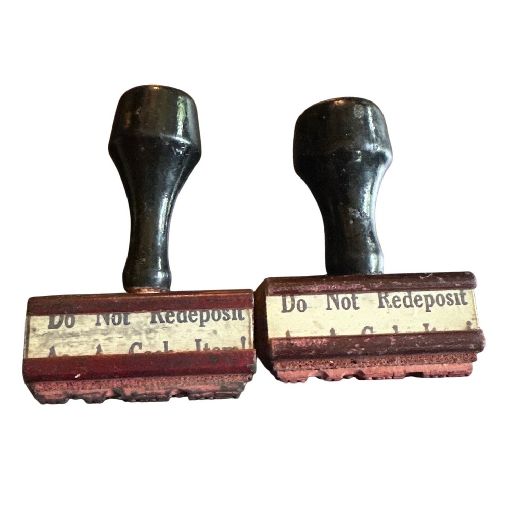 Vintage Do Not Redeposit As A Cash Item‎ Wooden Rubber Stamp Set of 2 Banking
